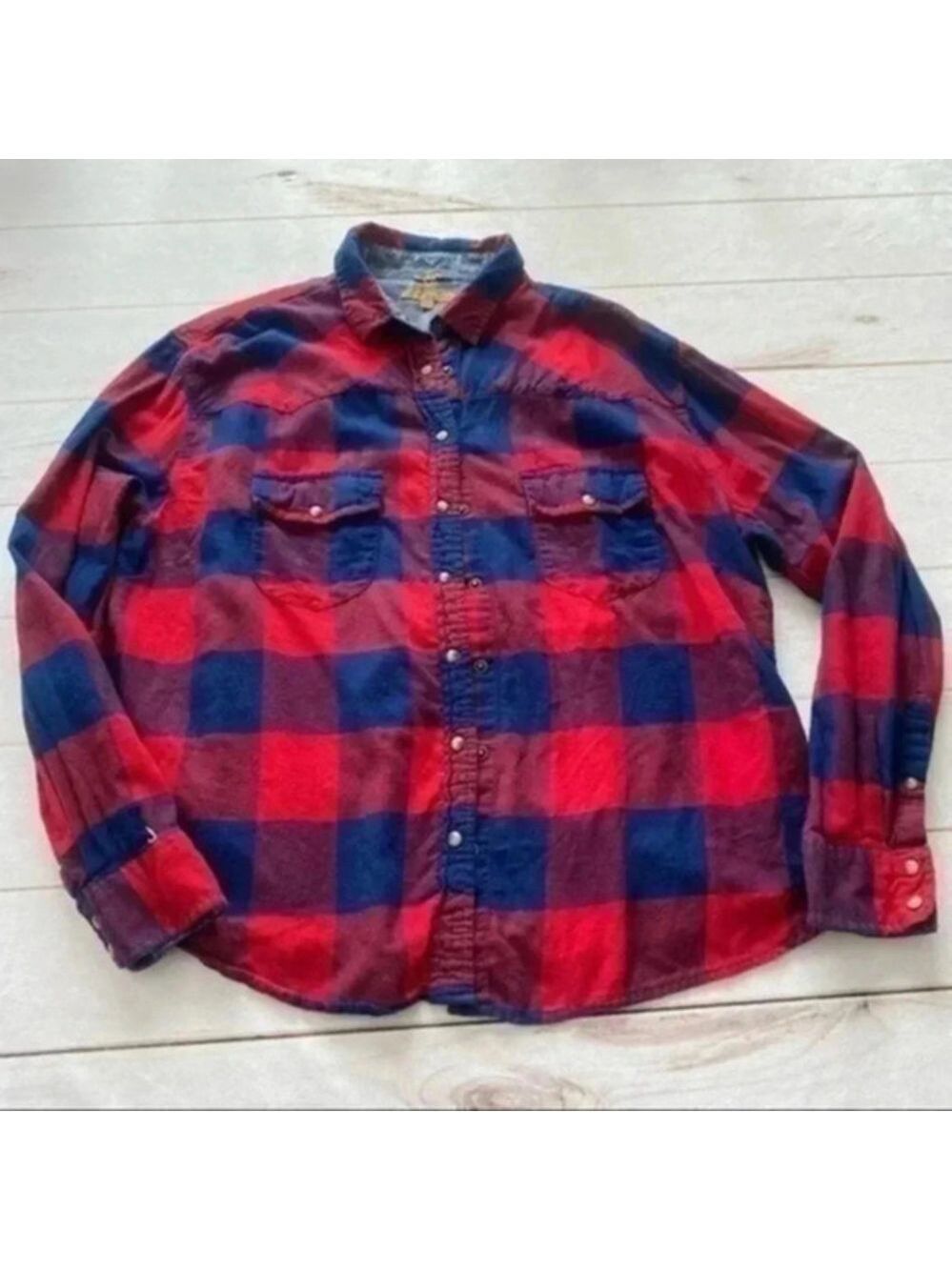 JACHS Girlfriend Womens L Red Paid Long Sleeve Flannel Bea Roll Tab Shirt